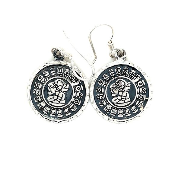 Sterling 925 Mex Round Discs Dangle Earrings - Picture 1 of 6